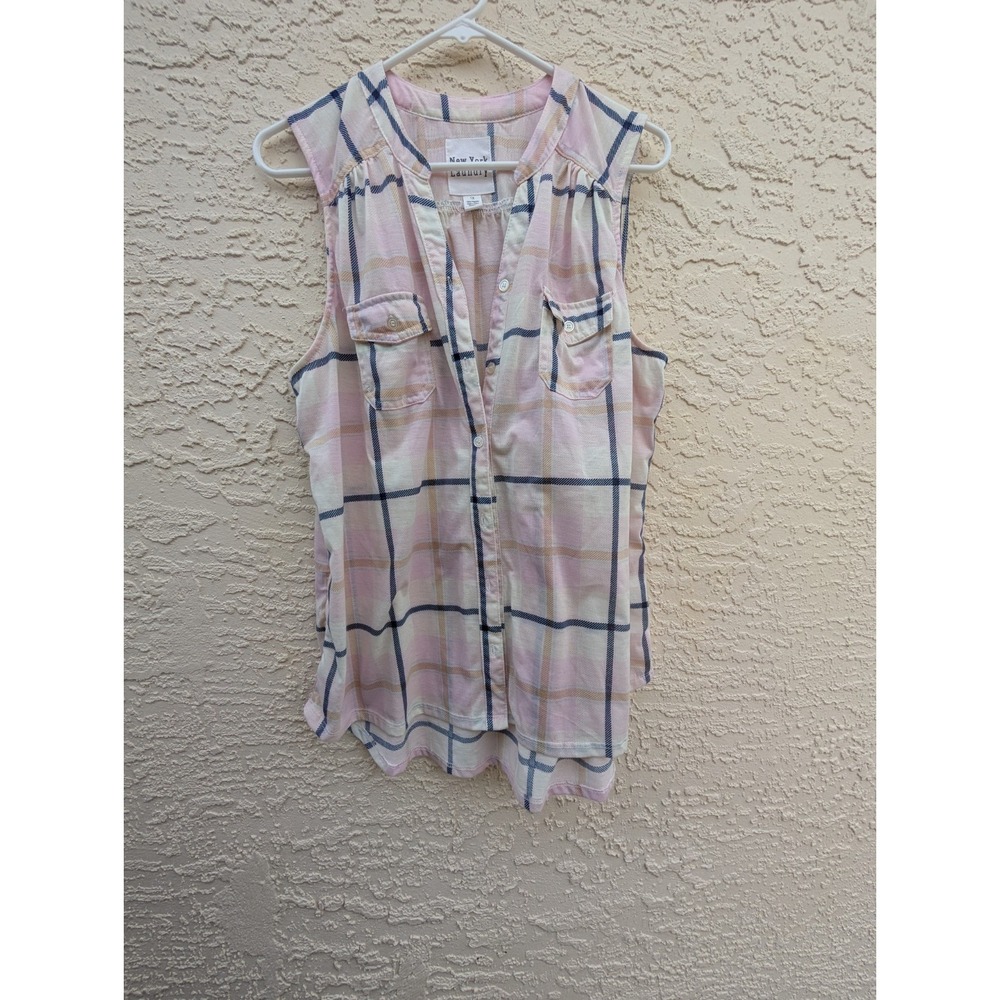 New York Laundry Top Women 1X ‎ Pink Plaid Button-Up Sleeveless Pocket